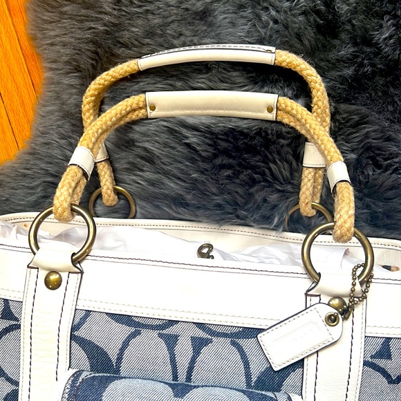 NWT Coach Resort Denim Signature +Parchment Leather Tote Weekend Carry-on 10600 - Picture 5 of 14